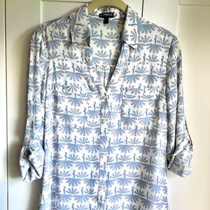 Express Portofino Shirt button down blouse. Peacock blue bird pattern. Sz S.